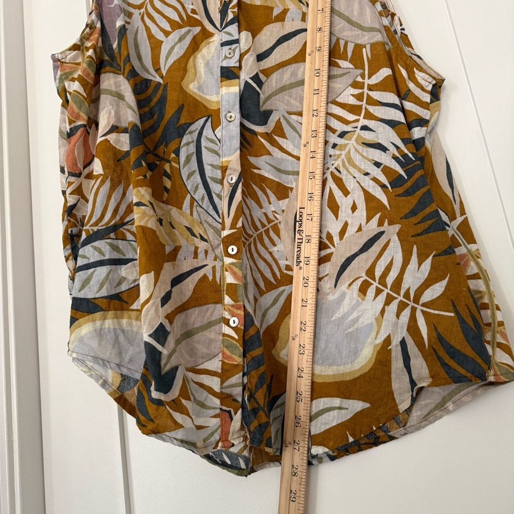 100% linen sleeveless button down‎ blouse tank tropical leaf C&C CALIFORNIA XL - Picture 5 of 6